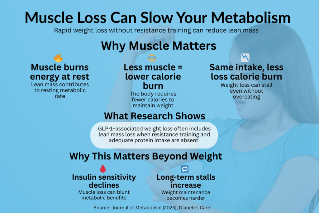 Infographic explaining how muscle loss during rapid weight loss on semaglutide can lower resting metabolism, reduce insulin sensitivity, and contribute to weight loss plateaus