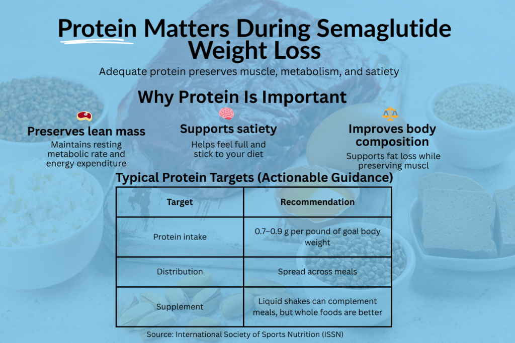 Infographic showing recommended protein intake during semaglutide weight loss, including 0.7–0.9 grams per pound of goal body weight, spread across meals, to preserve lean mass, maintain metabolism, and improve body compositio