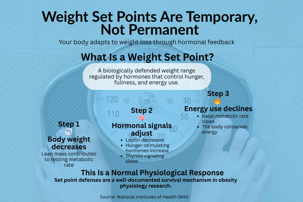 Infographic explaining how the body’s weight set point can slow metabolism and increase hunger signals during weight loss, but that gradual, well-fueled weight loss with exercise can shift the set point over time